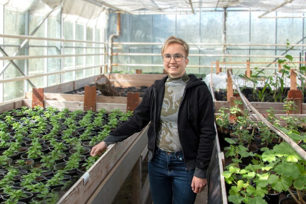 Zelda Mellema in de kas van Werklab Westerwolde in Vlagtwedde